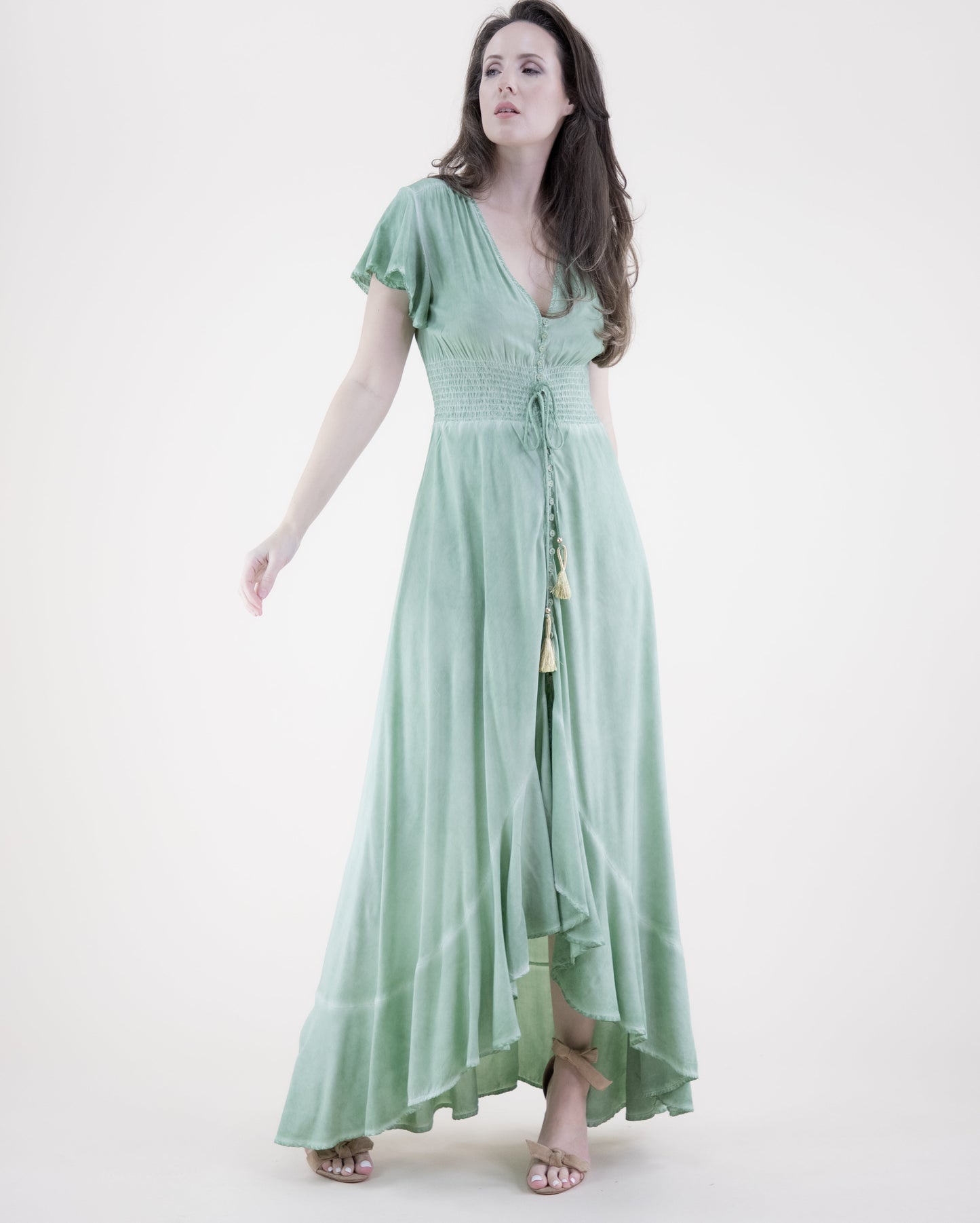 Mineral Wash Butterfly Sleeve High Low Maxi Dress