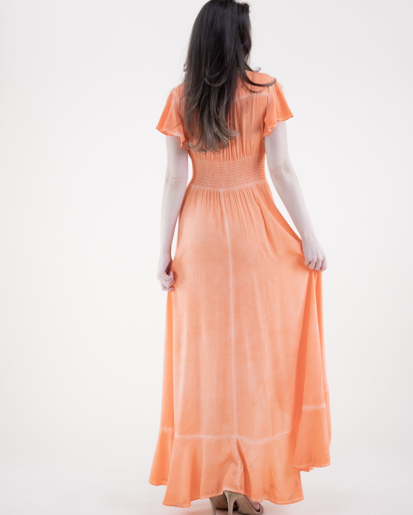 Mineral Wash Butterfly Sleeve High Low Maxi Dress