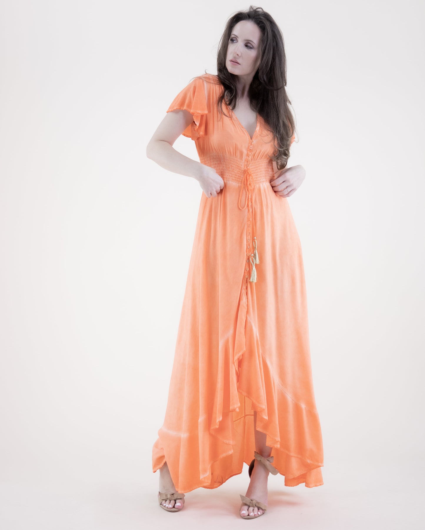 Mineral Wash Butterfly Sleeve High Low Maxi Dress