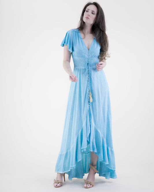 Mineral Wash Butterfly Sleeve High Low Maxi Dress