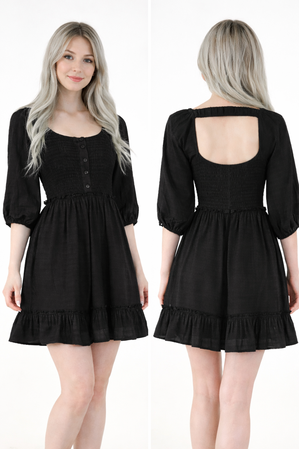 Smocked Top Button-up Mini Dress w/ Pockets