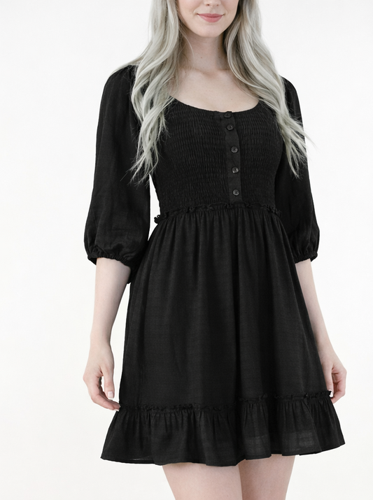 Smocked Top Button-up Mini Dress w/ Pockets