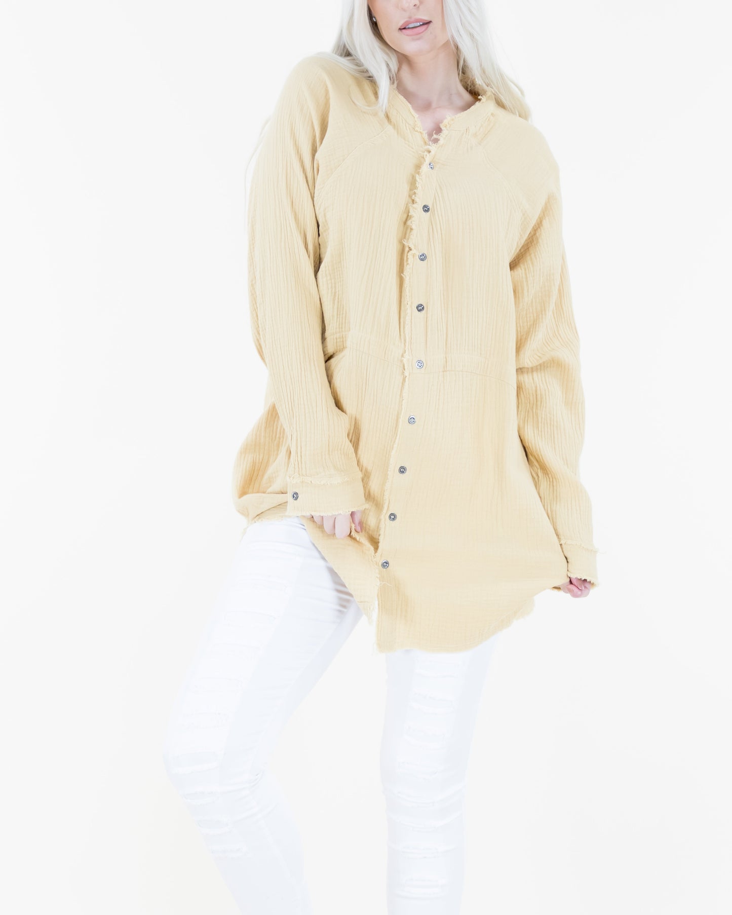 Faded Wash Raw Hem Button Down Long Blouse