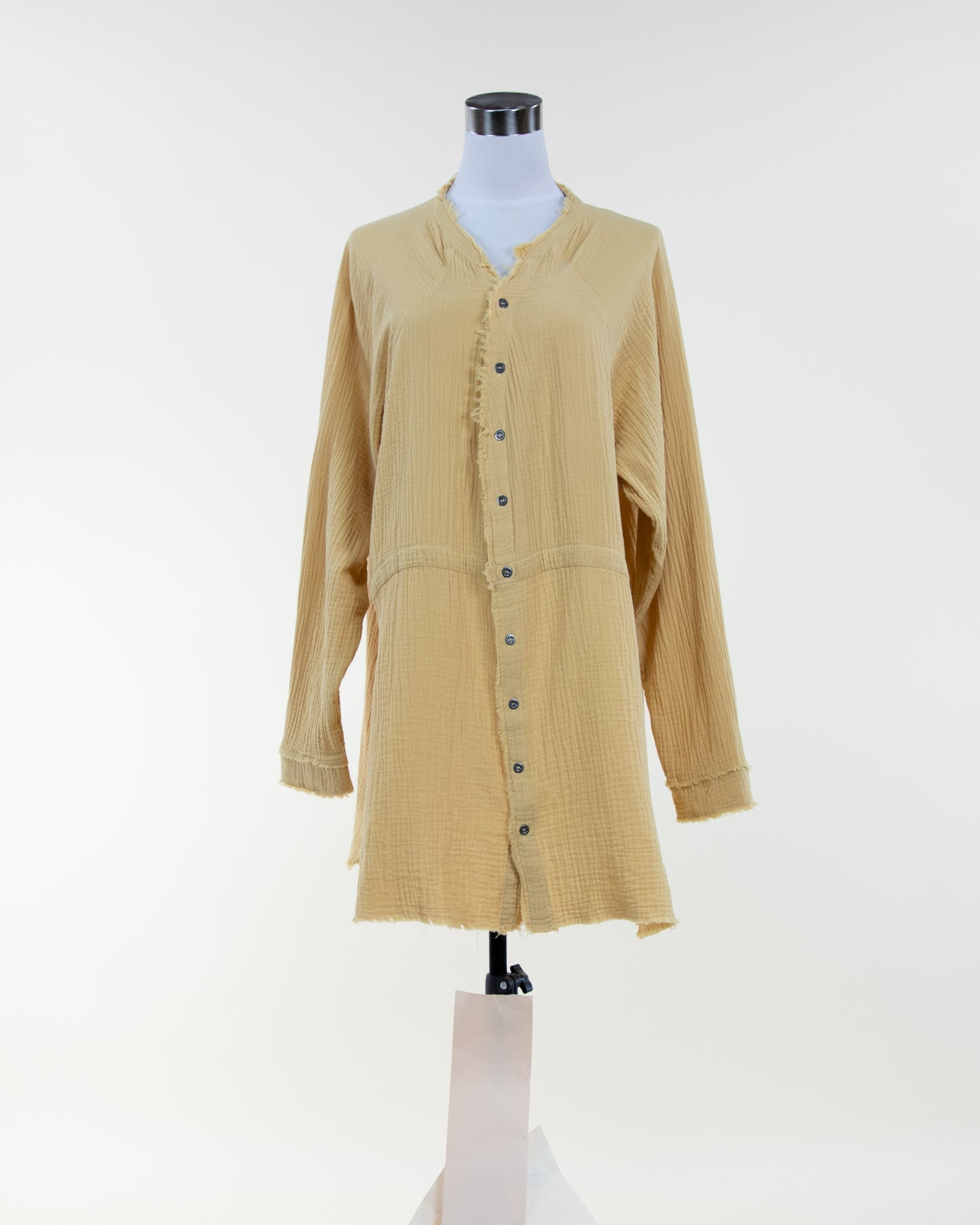 Faded Wash Raw Hem Button Down Long Blouse