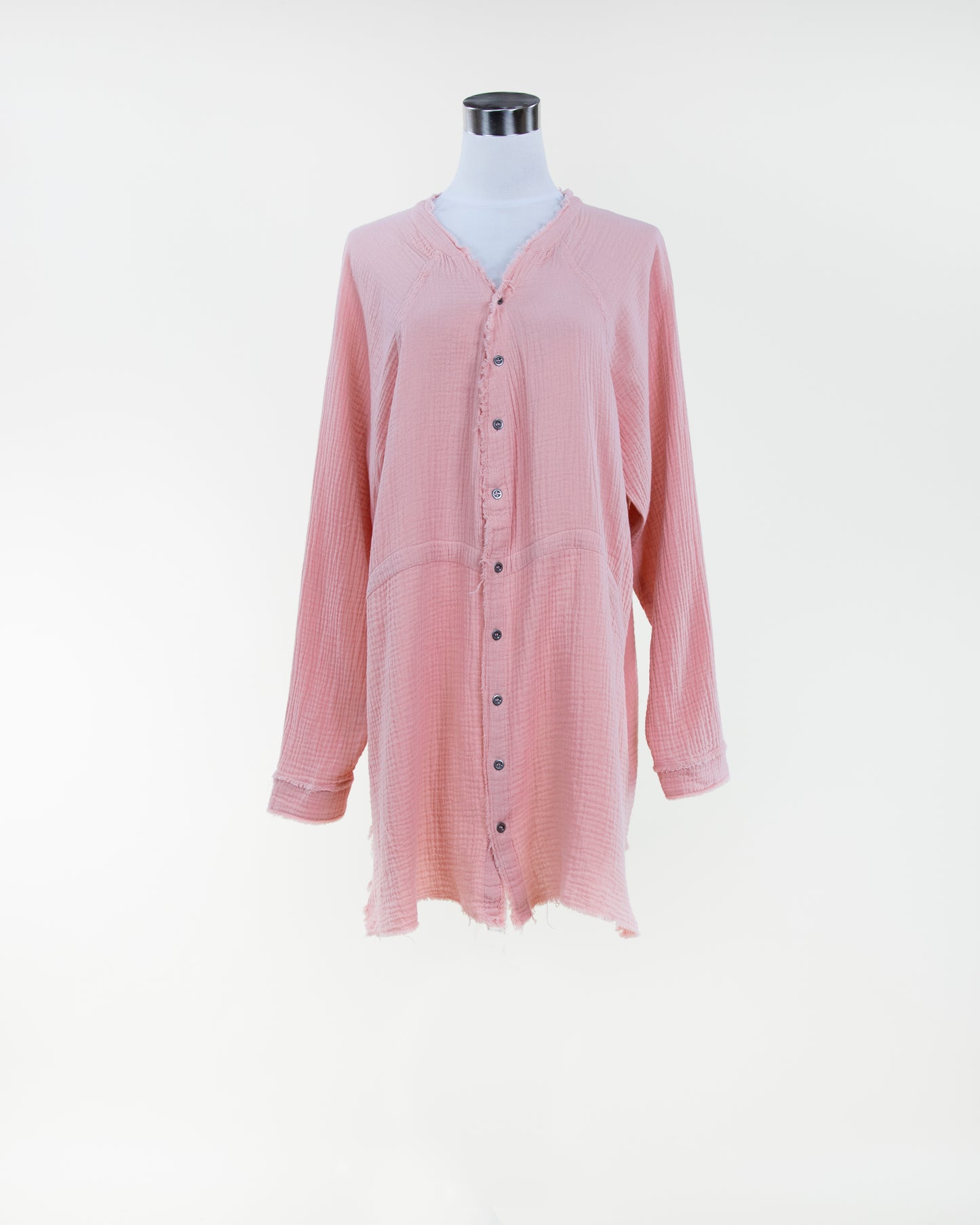 Faded Wash Raw Hem Button Down Long Blouse