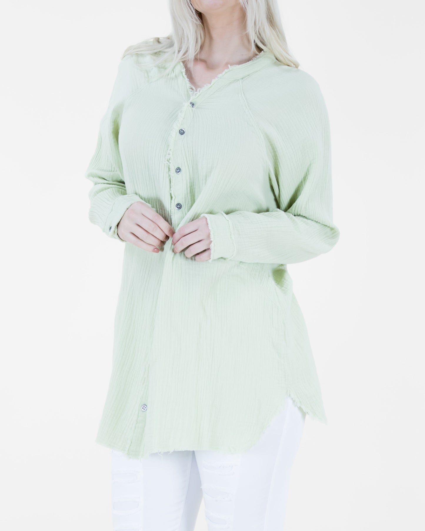 Faded Wash Raw Hem Button Down Long Blouse