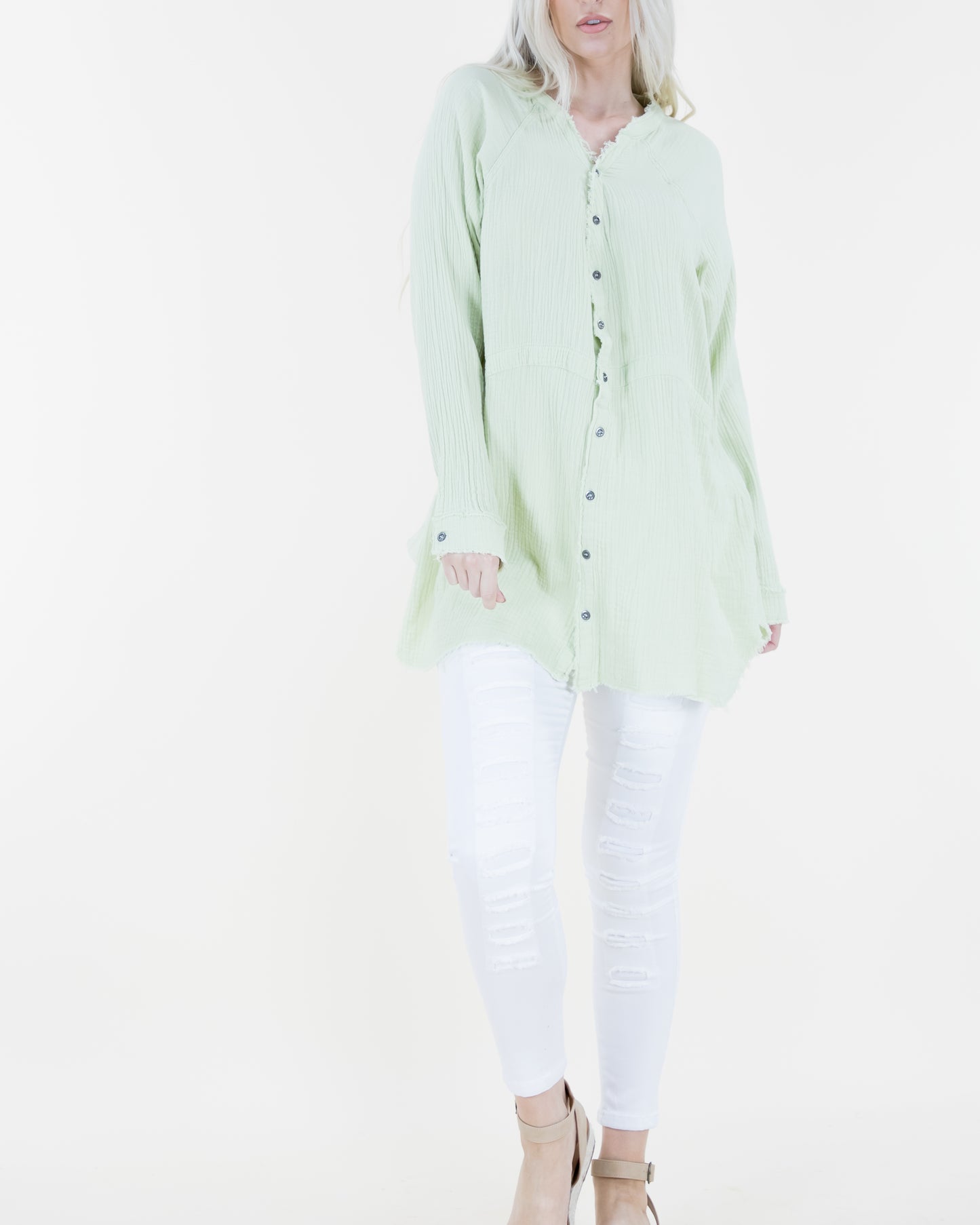 Faded Wash Raw Hem Button Down Long Blouse