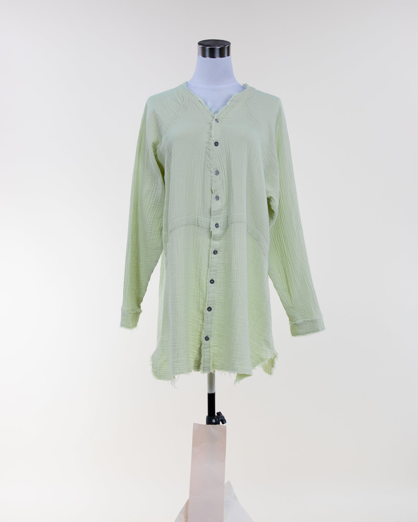 Faded Wash Raw Hem Button Down Long Blouse