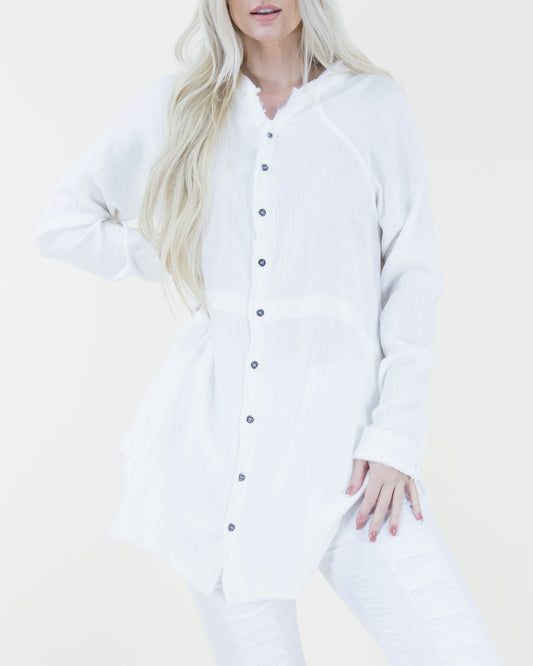 Faded Wash Raw Hem Button Down Long Blouse