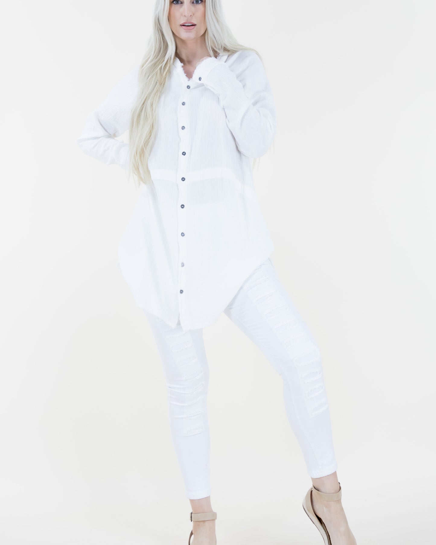 Faded Wash Raw Hem Button Down Long Blouse