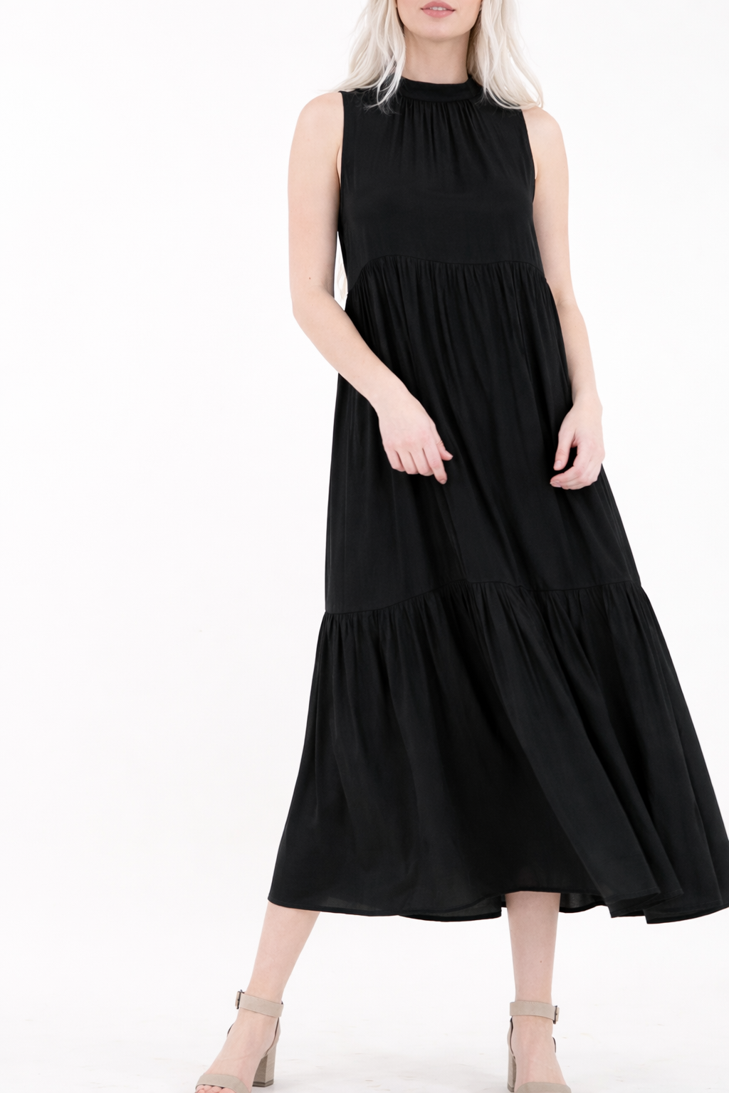 Silky Feel Sleeveless Tiered Midi Dress