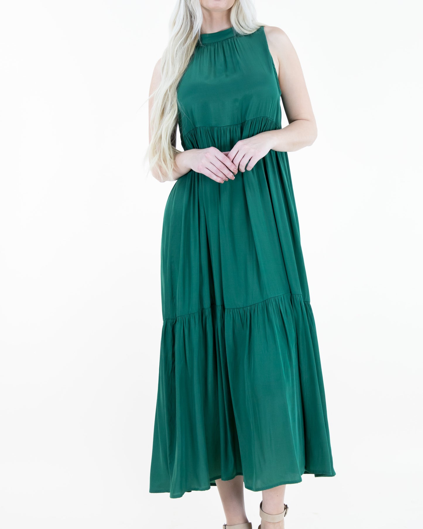 Silky Feel Sleeveless Tiered Midi Dress
