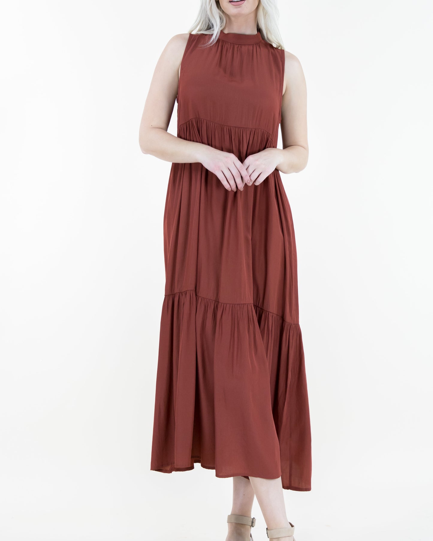 Silky Feel Sleeveless Tiered Midi Dress