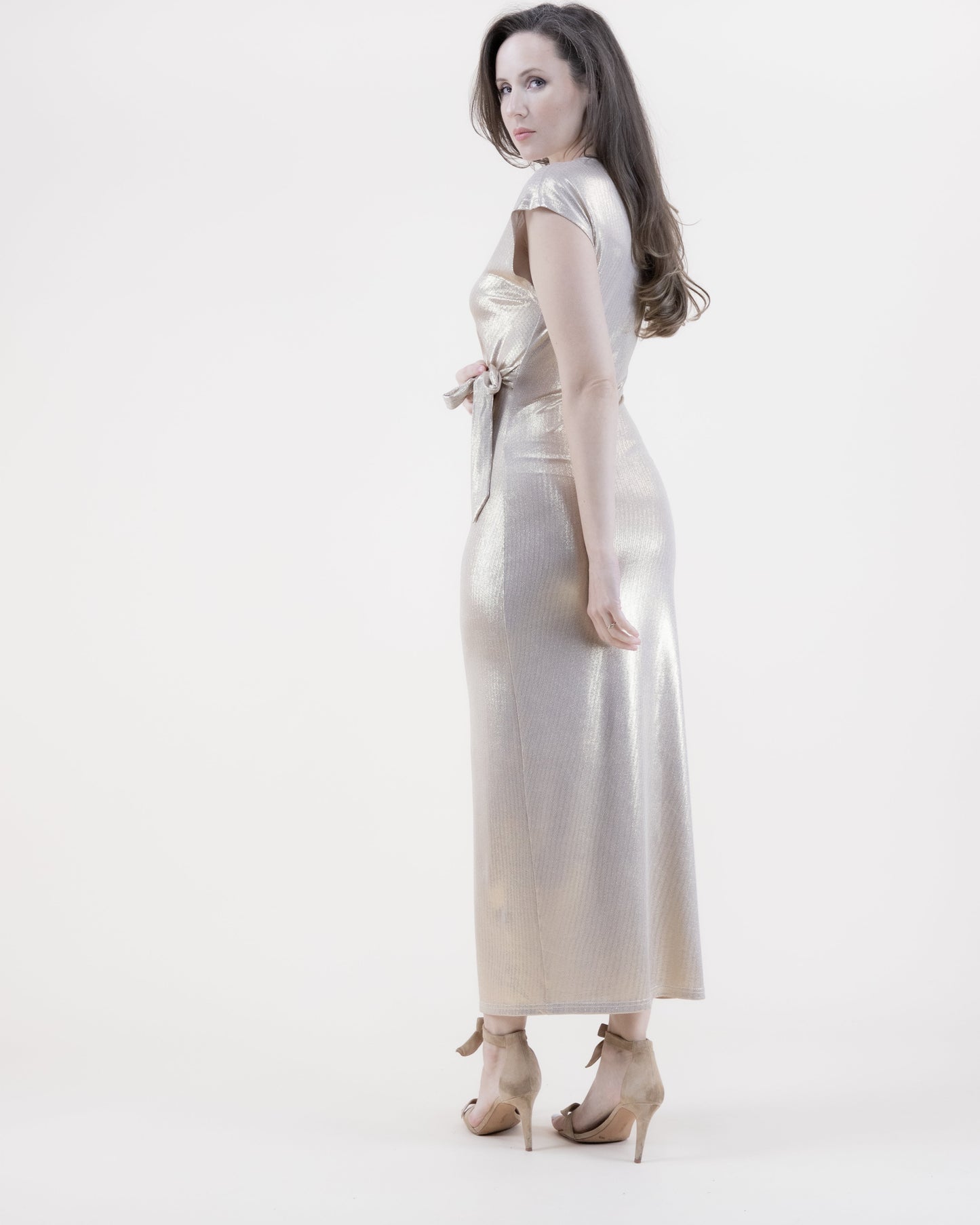 Metallic Jewel Neck Drop Shoulder Side Knot Dress