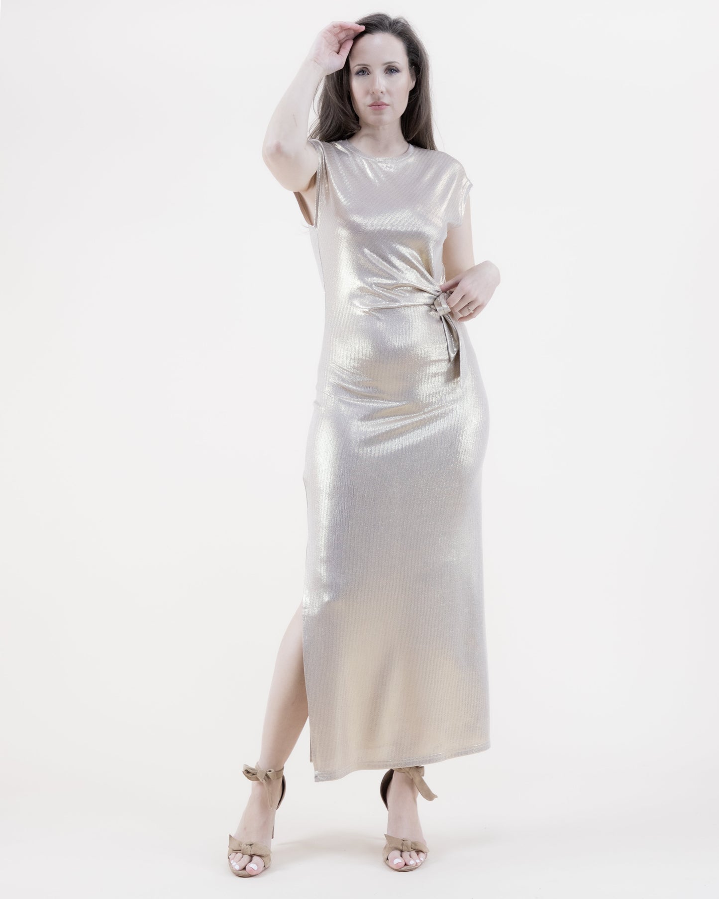 Metallic Jewel Neck Drop Shoulder Side Knot Dress