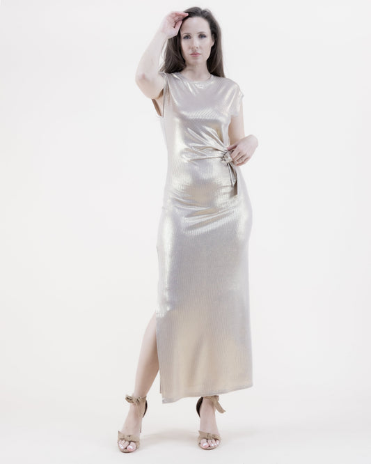 Metallic Jewel Neck Drop Shoulder Side Knot Dress