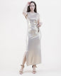 Metallic Jewel Neck Drop Shoulder Side Knot Dress