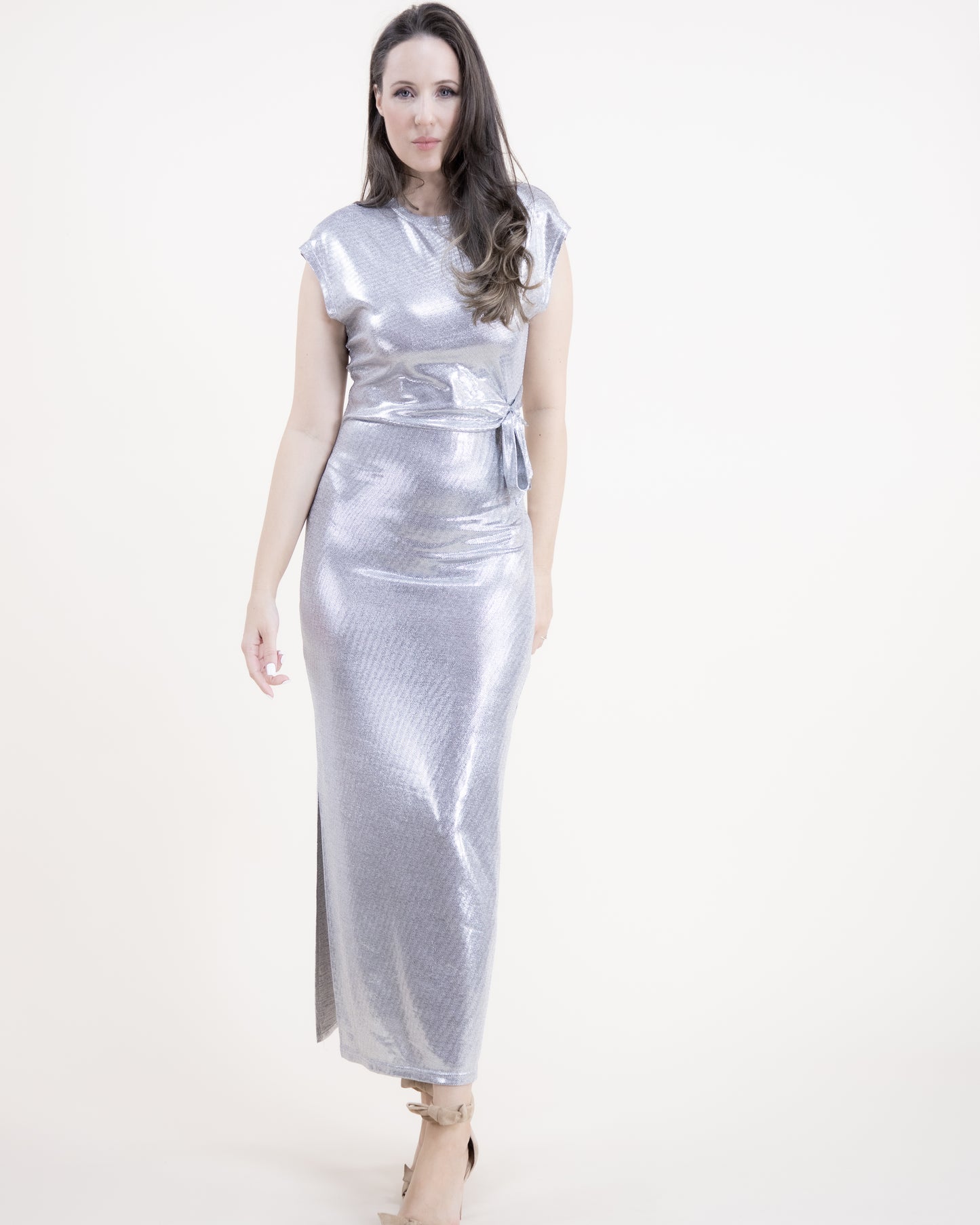 Metallic Jewel Neck Drop Shoulder Side Knot Dress
