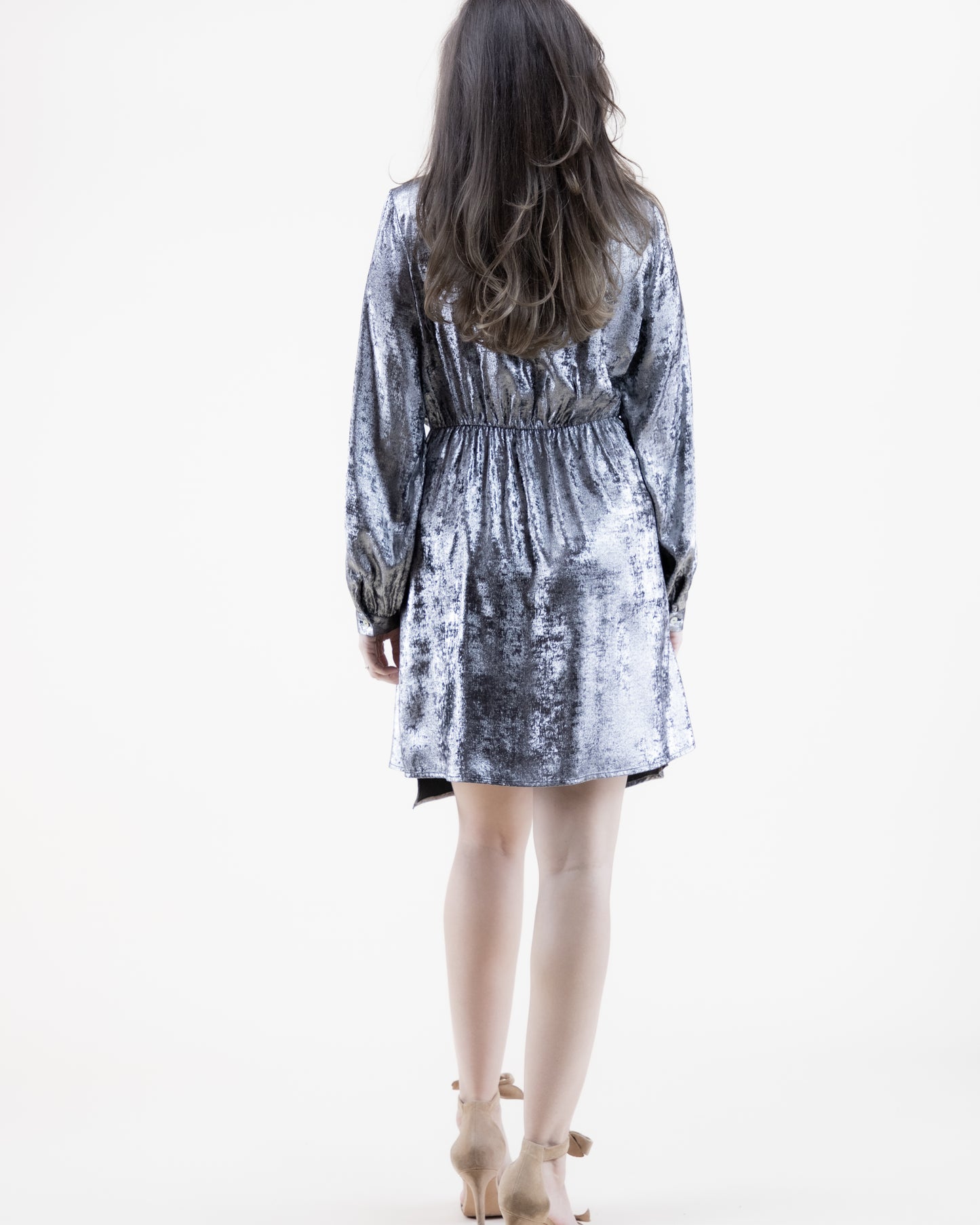 Metallic Surplice Long Sleeve Midi Dress
