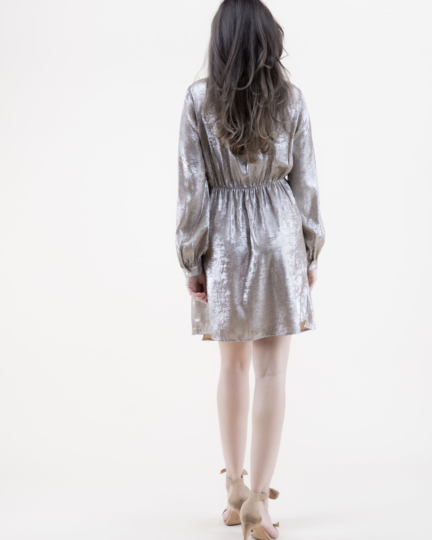 Metallic Surplice Long Sleeve Midi Dress