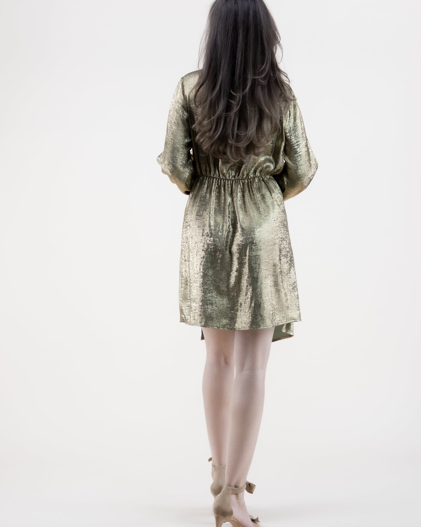 Metallic Surplice Long Sleeve Midi Dress