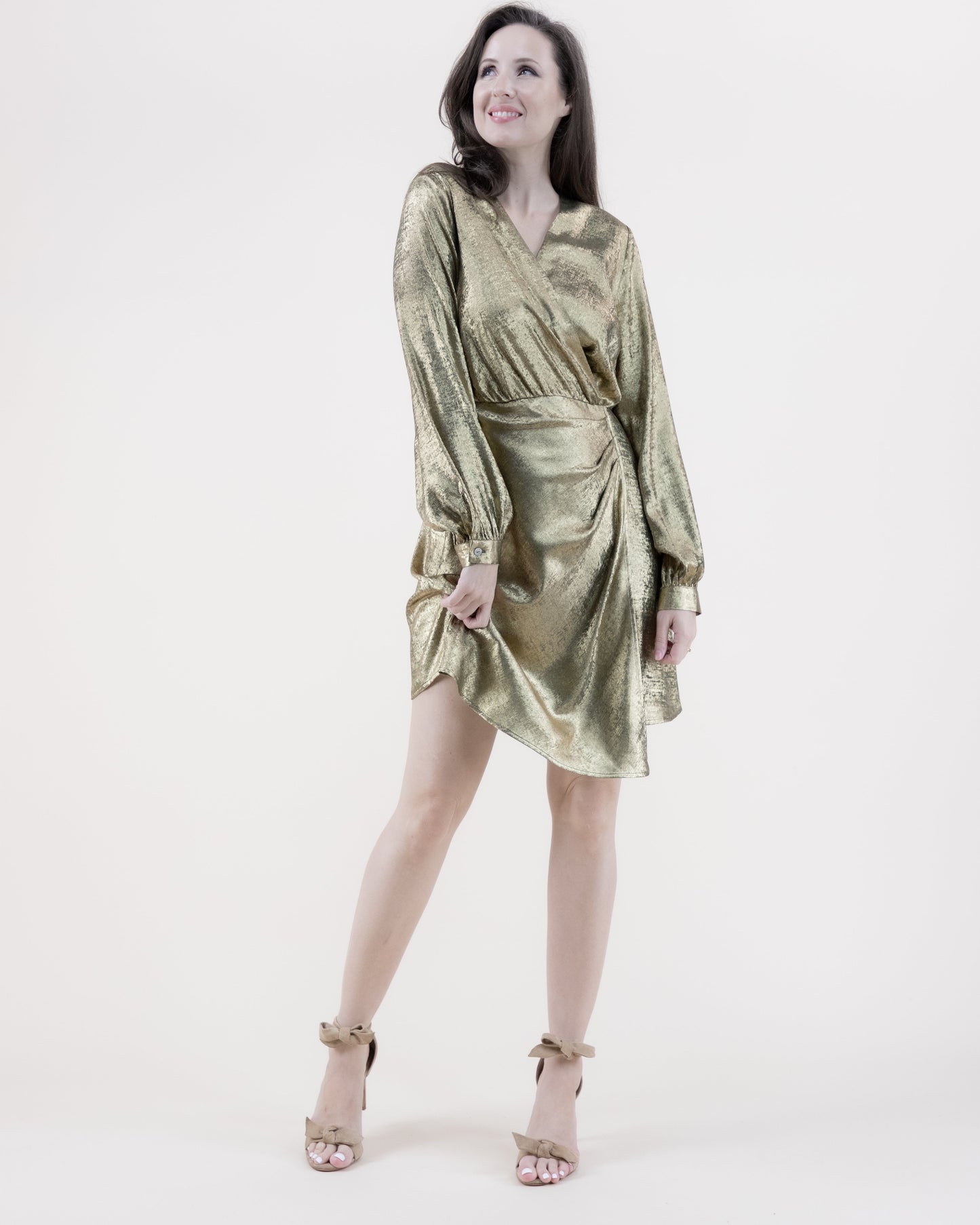 Metallic Surplice Long Sleeve Midi Dress