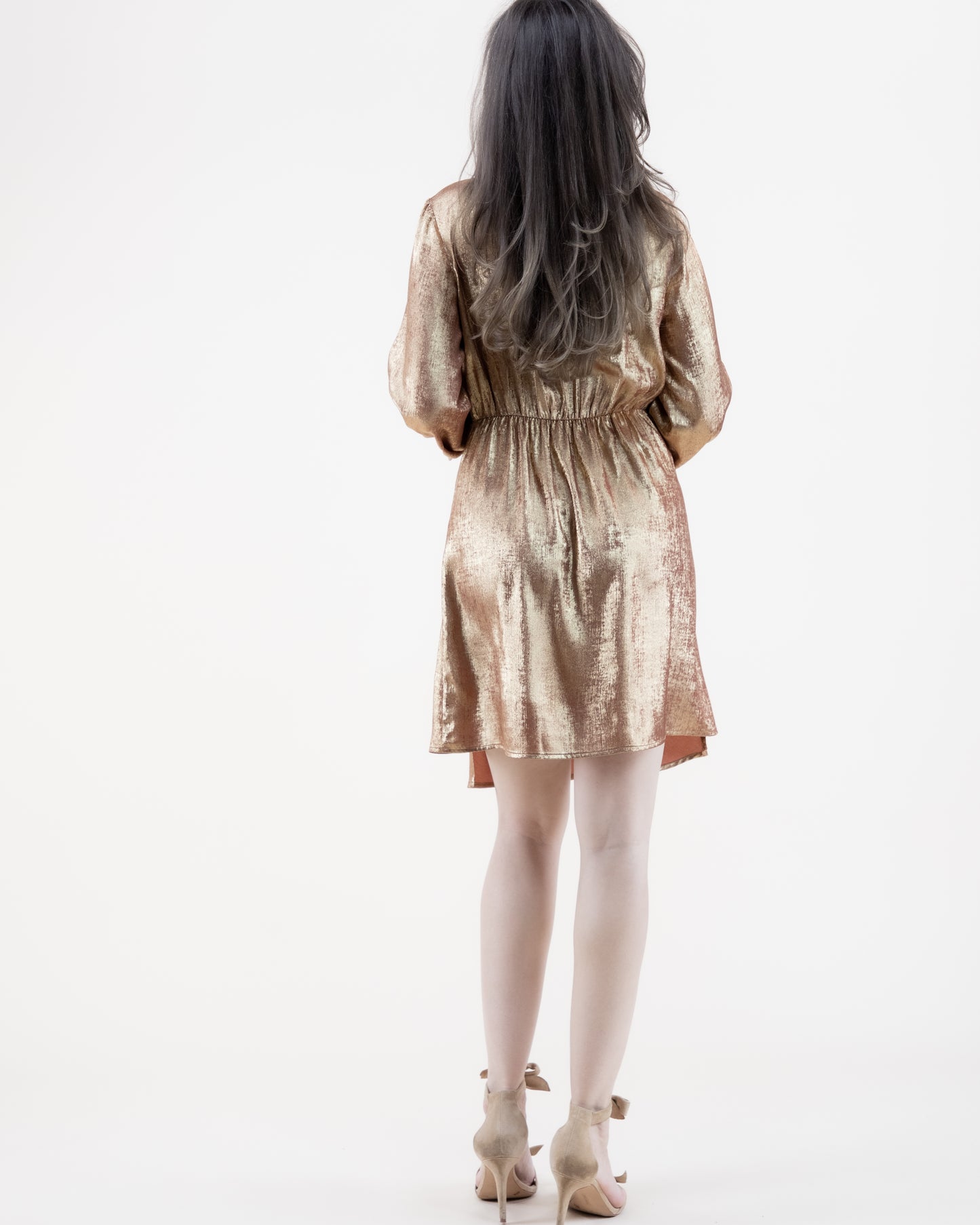 Metallic Surplice Long Sleeve Midi Dress