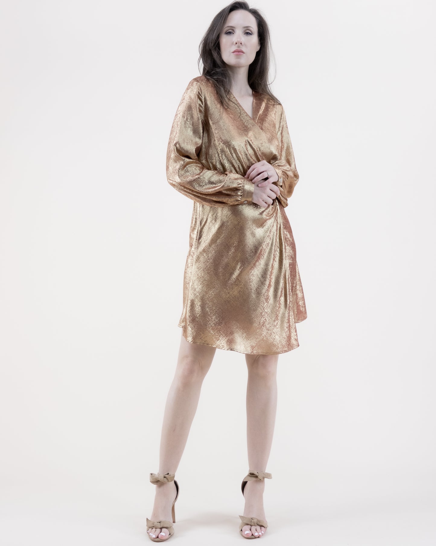 Metallic Surplice Long Sleeve Midi Dress