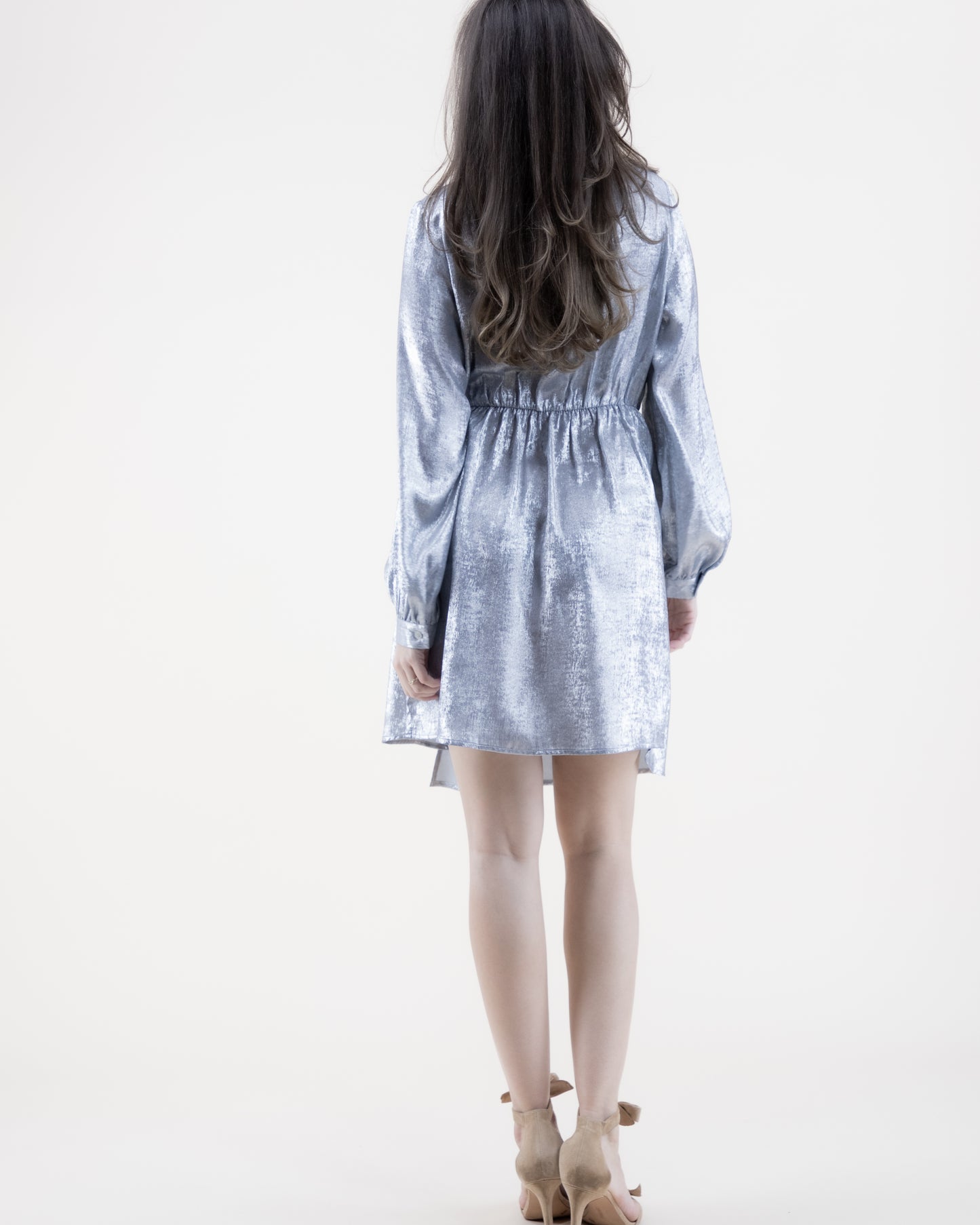Metallic Surplice Long Sleeve Midi Dress