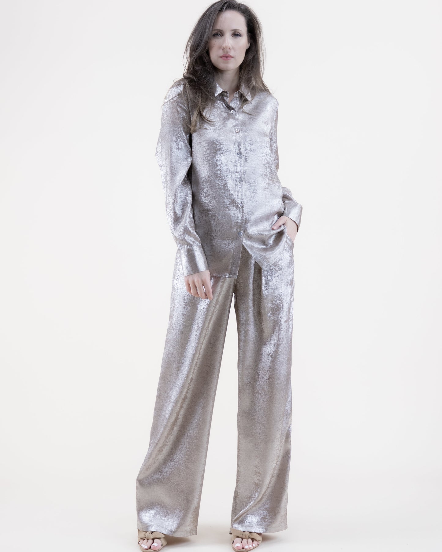 Metallic Front Pleated Wide Leg Pants