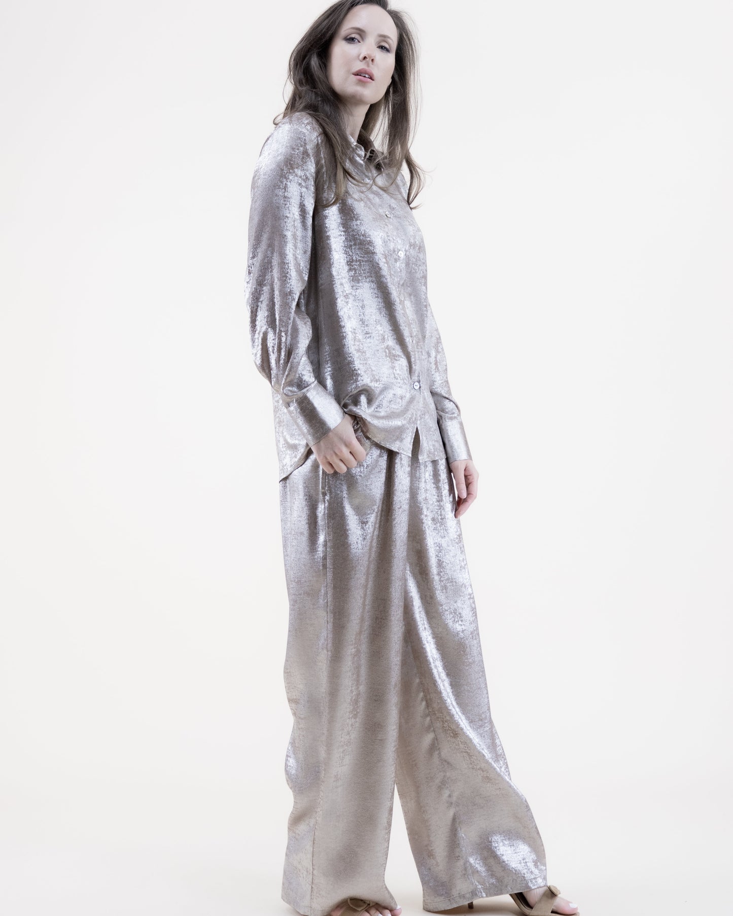 Metallic Long Sleeve Button-up Collared Shirt