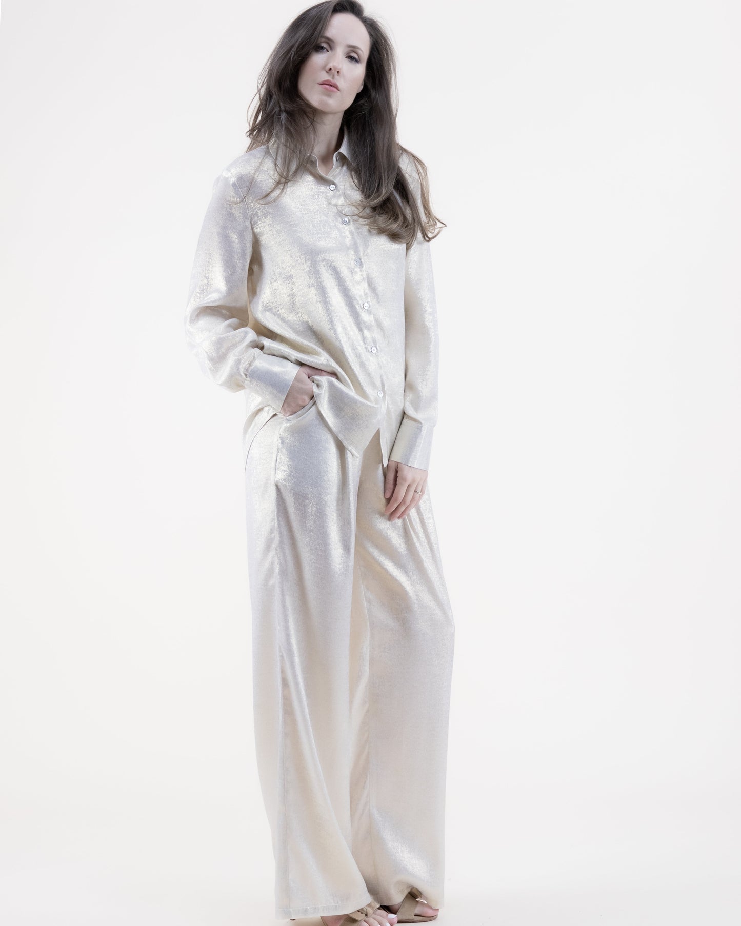 Metallic Long Sleeve Button-up Collared Shirt