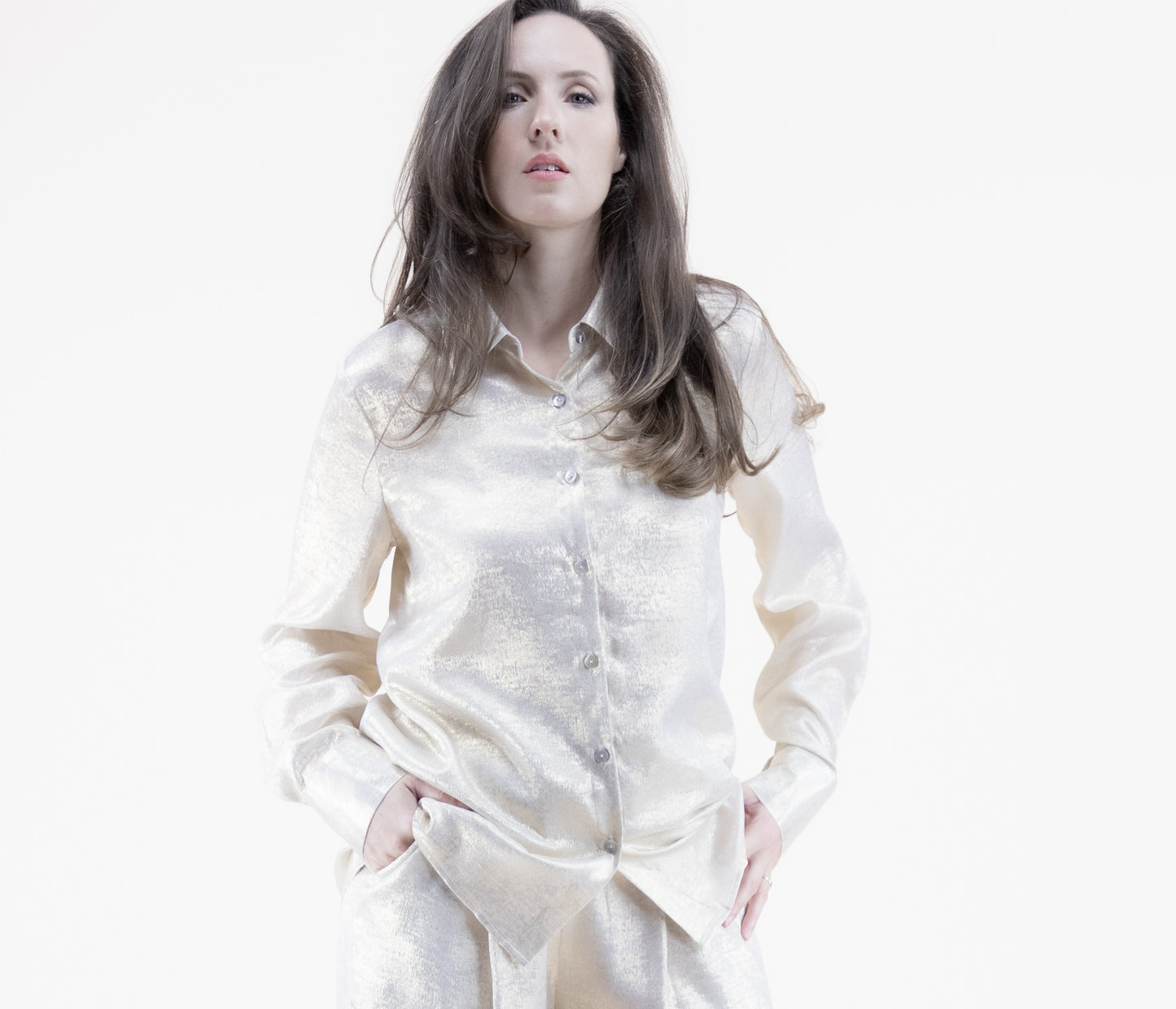 Metallic Long Sleeve Button-up Collared Shirt
