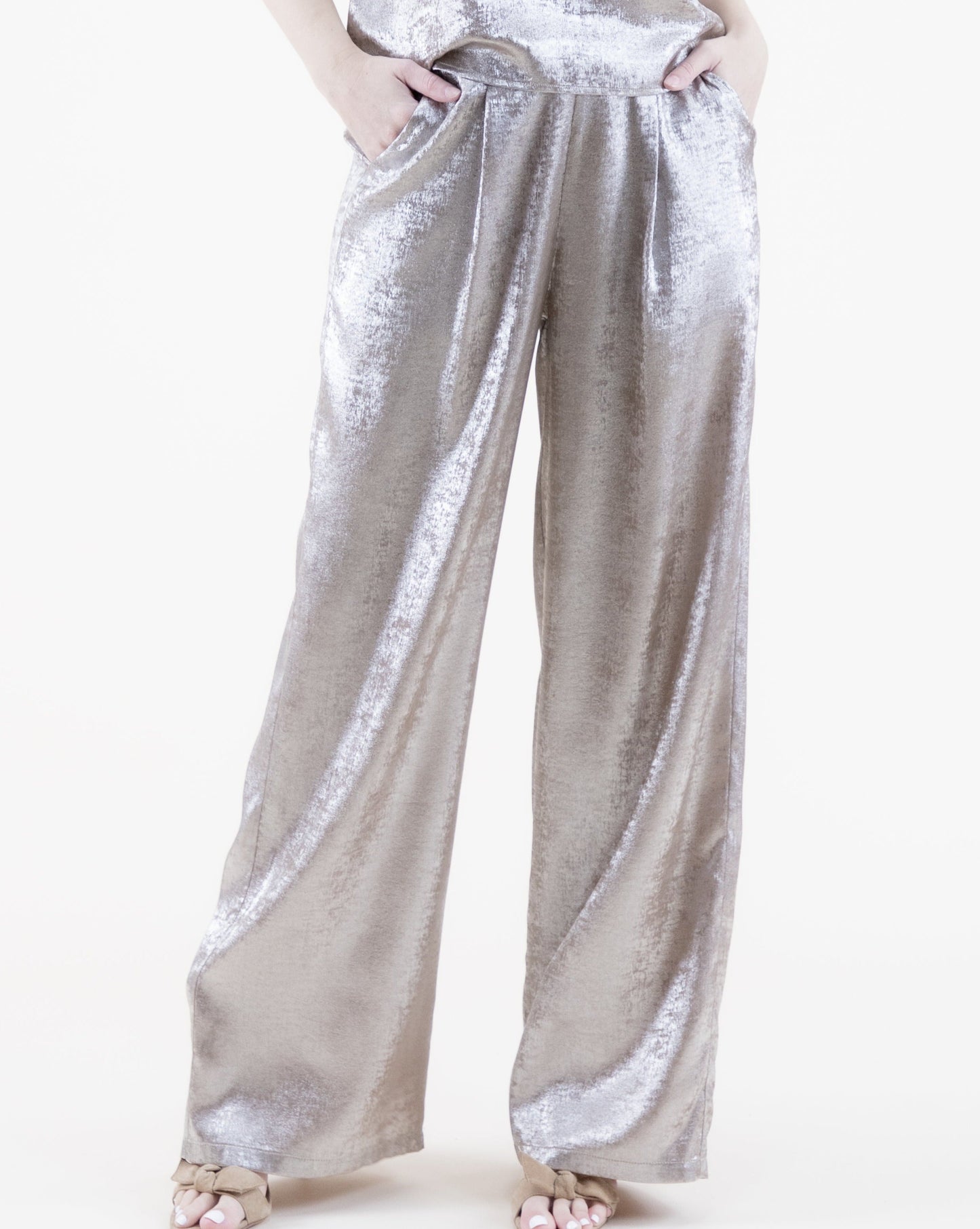 Metallic Front Pleated Wide Leg Pants