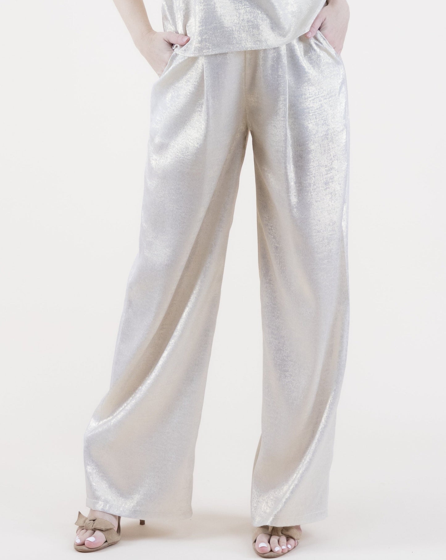 Metallic Front Pleated Wide Leg Pants