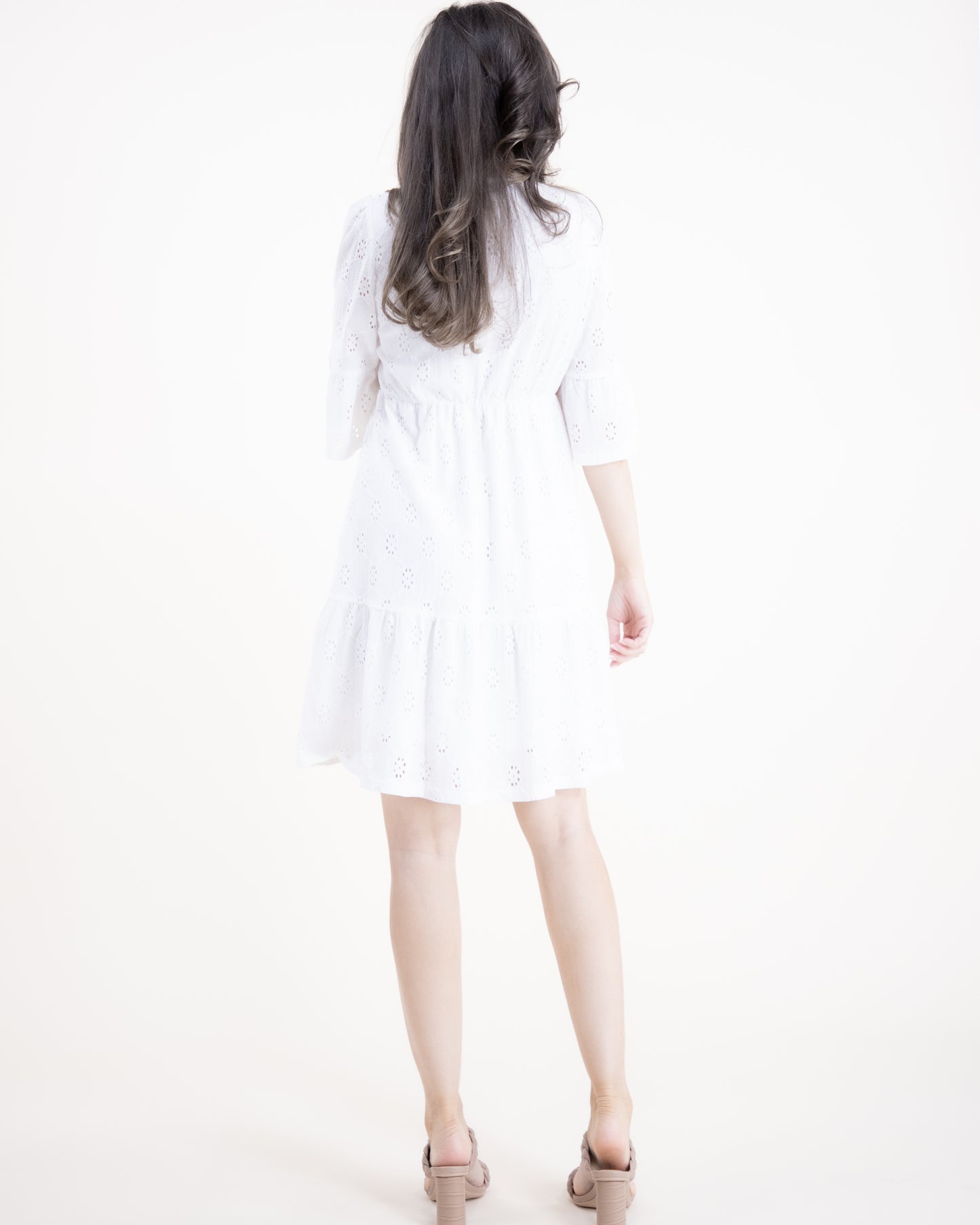 Eyelet Lace Trumpet Sleeve Embellished Front Fully Lined Midi Dress