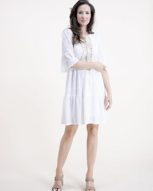 Eyelet Lace Trumpet Sleeve Embellished Front Fully Lined Midi Dress