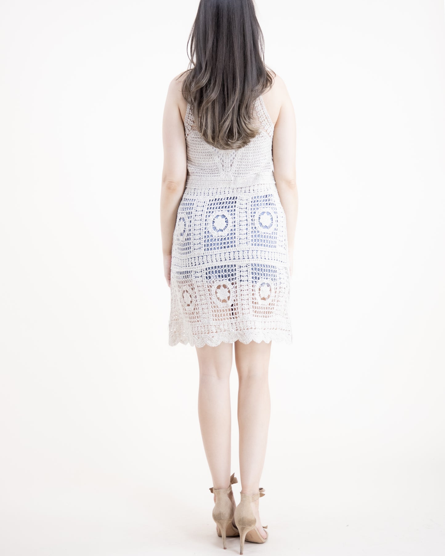 Cotton Crochet Geometric Flower Lace Pattern Midi Dress