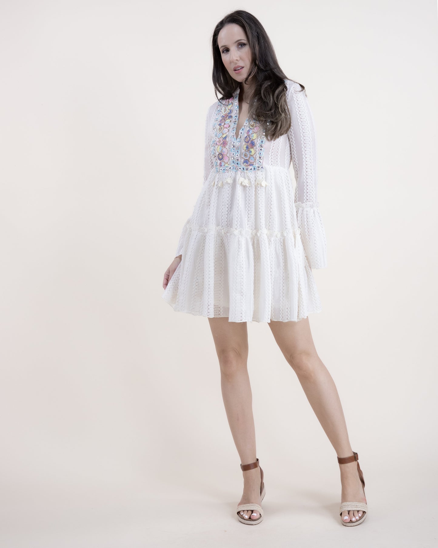 Cotton Blend Vintage Lace Flower Trim Detail Midi Dress