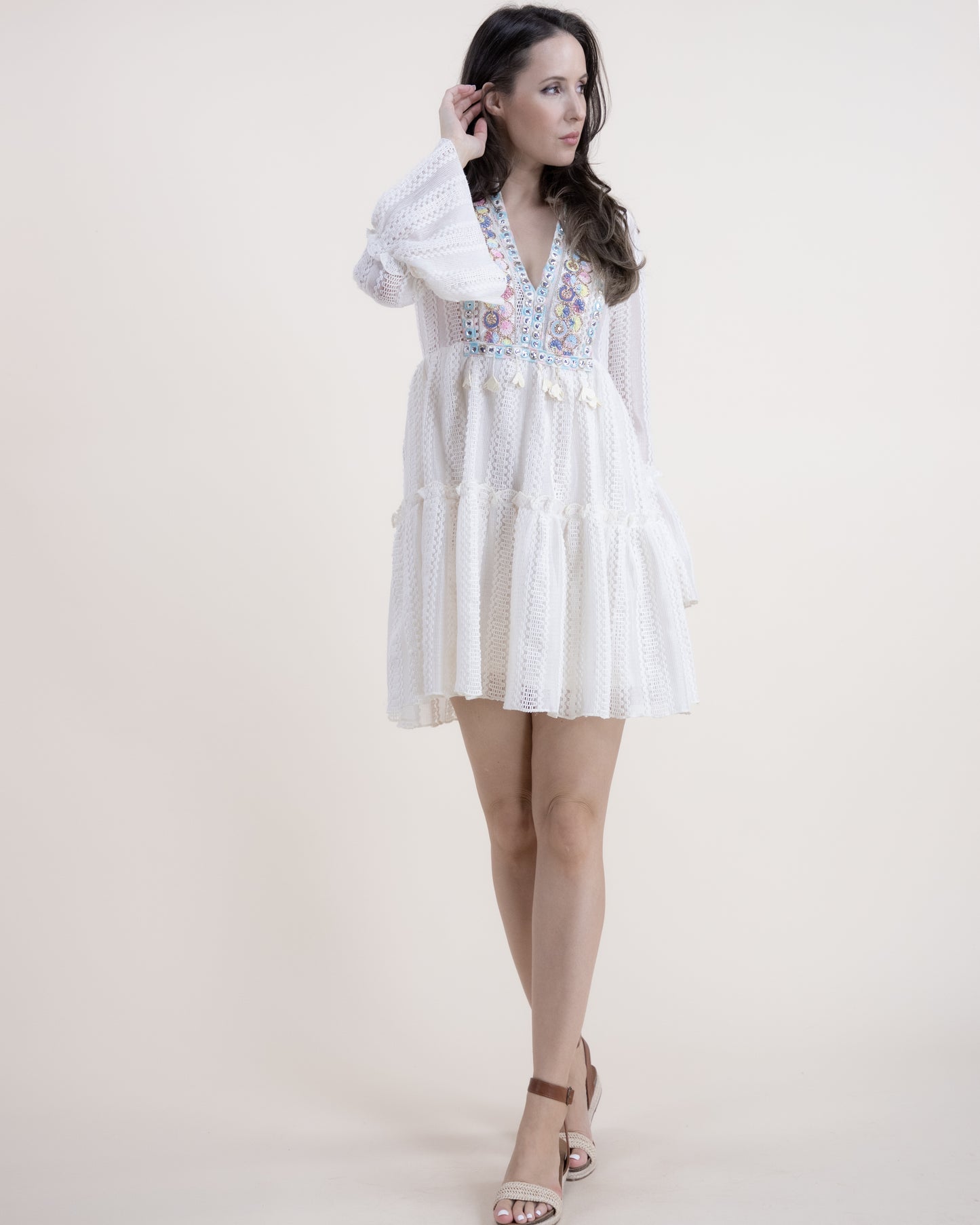 Cotton Blend Vintage Lace Flower Trim Detail Midi Dress