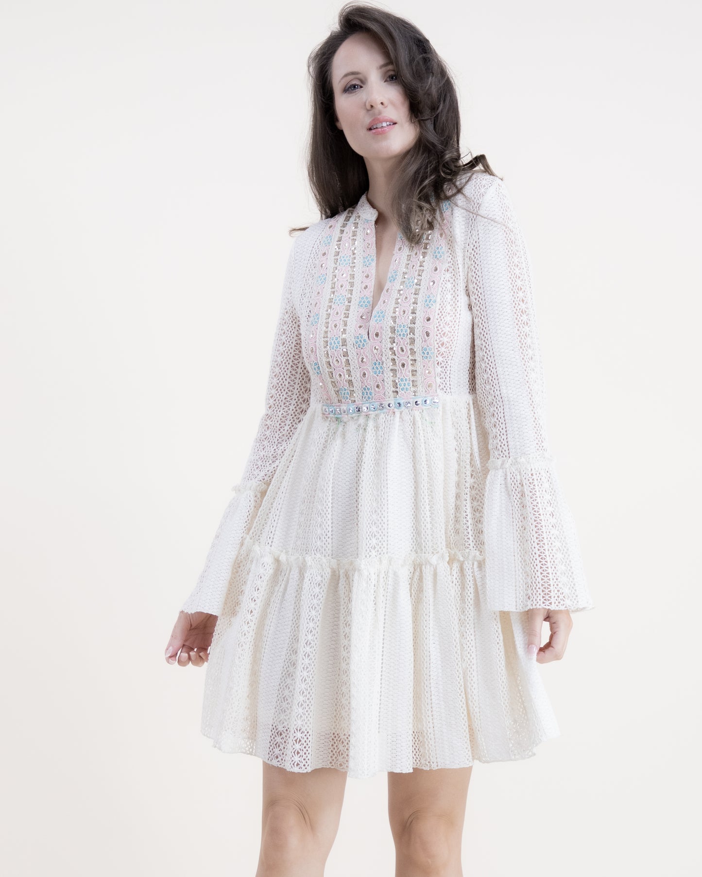 Cotton Blend Vintage Lace Paillettes Detail Midi Dress