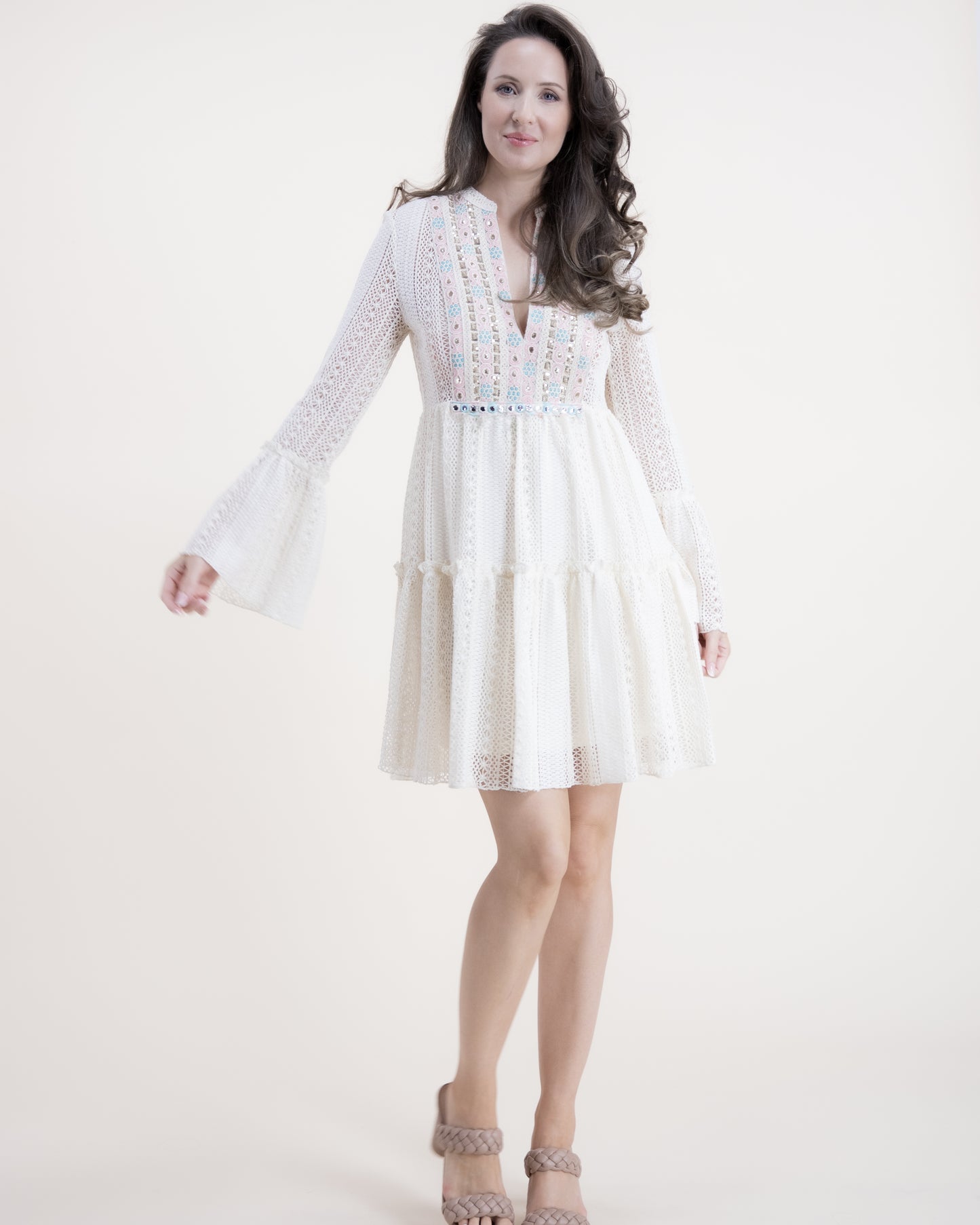 Cotton Blend Vintage Lace Paillettes Detail Midi Dress