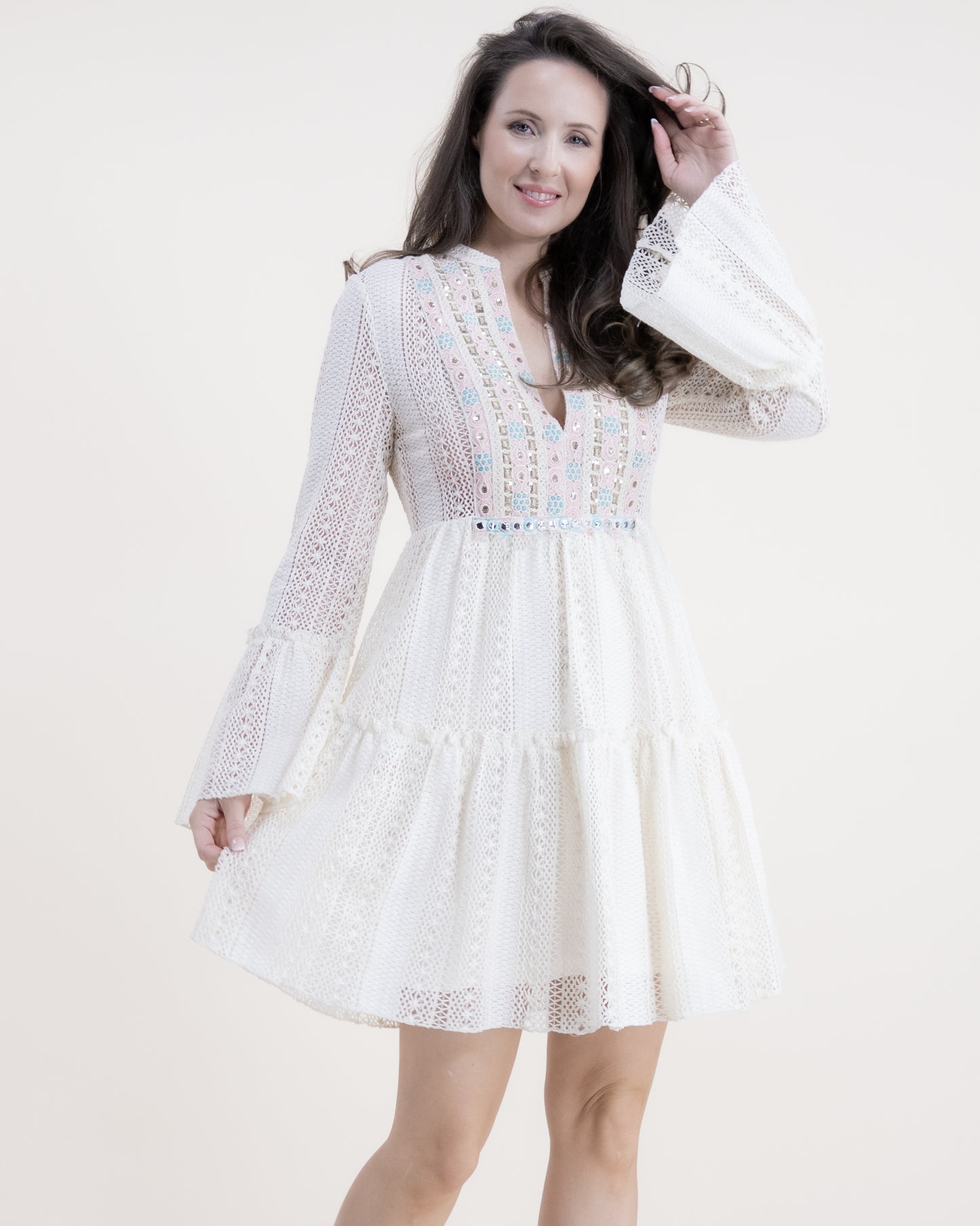 Cotton Blend Vintage Lace Paillettes Detail Midi Dress