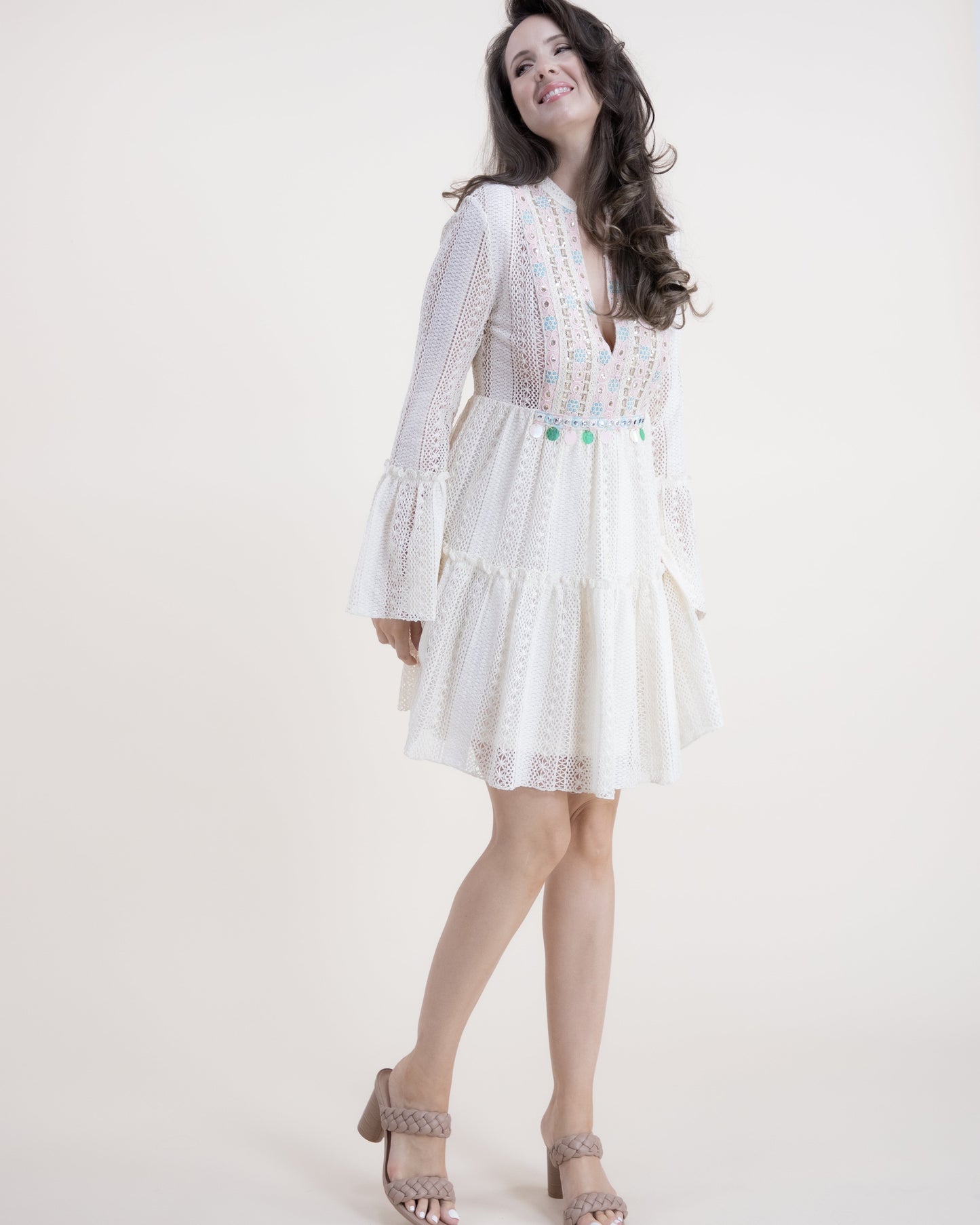 Cotton Blend Vintage Lace Paillettes Detail Midi Dress