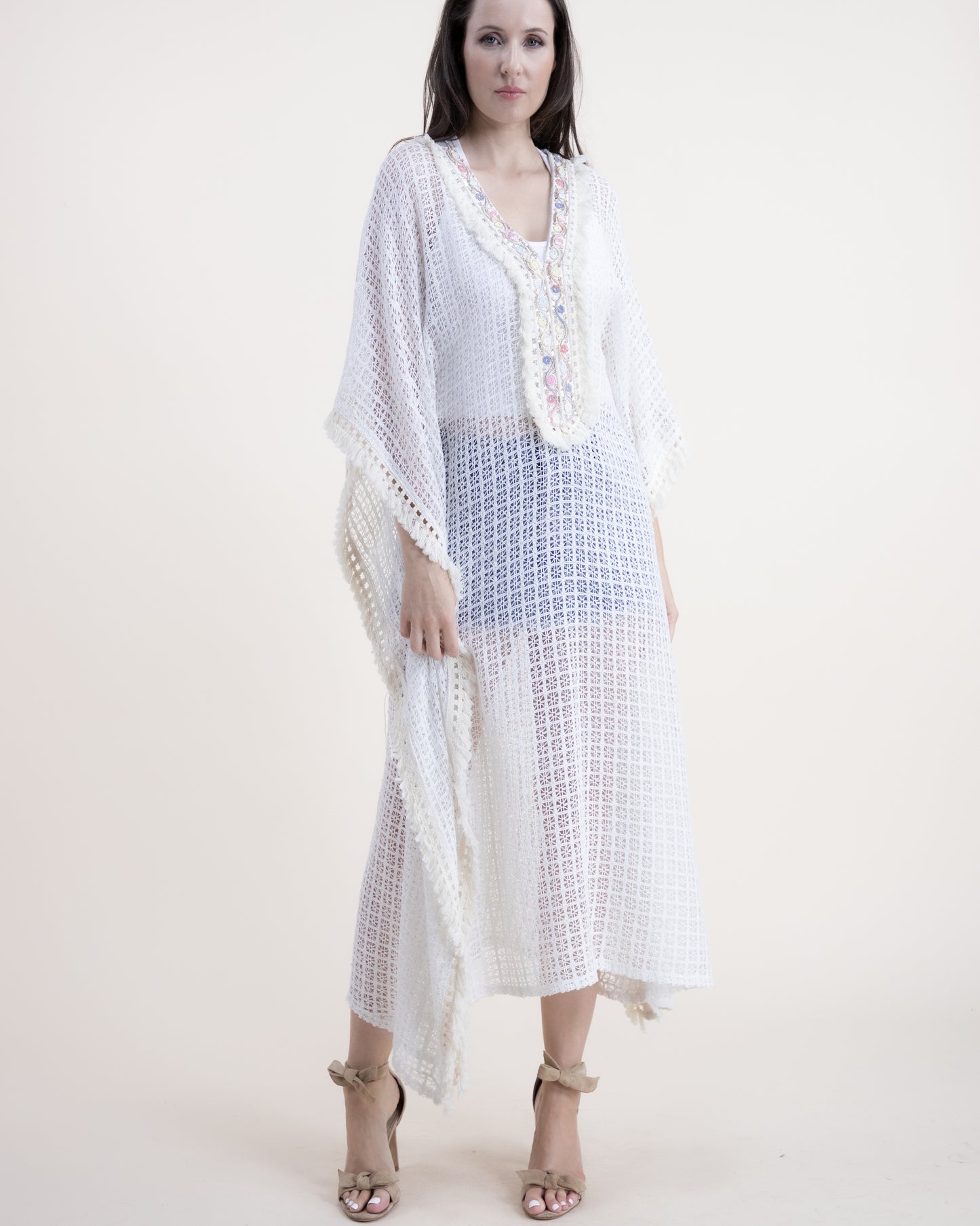 Cotton Blend Vintage Lace Embellished Front Tassel Kaftan Dress