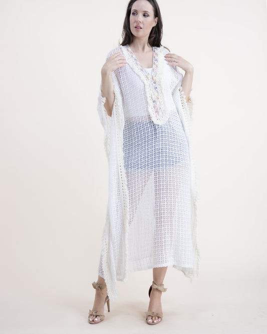 Cotton Blend Vintage Lace Embellished Front Tassel Kaftan Dress