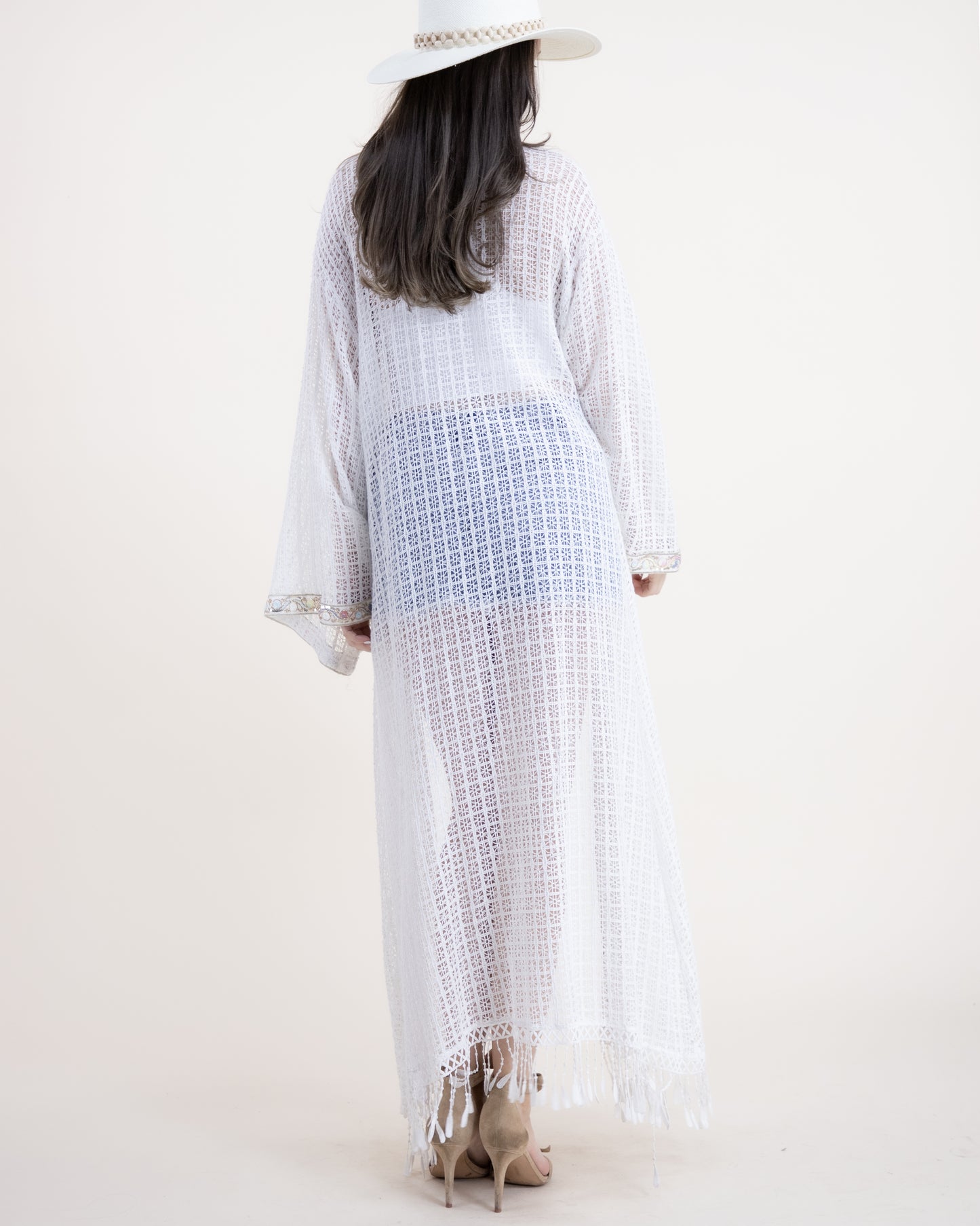 Cotton Blend Vintage Lace Open Embellished Front Maxi Robe