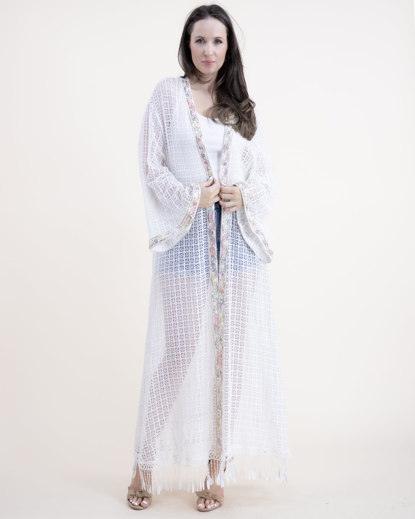 Cotton Blend Vintage Lace Open Embellished Front Maxi Robe