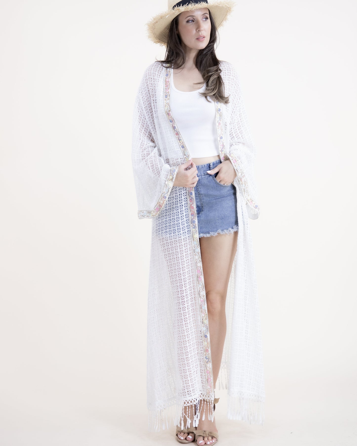 Cotton Blend Vintage Lace Open Embellished Front Maxi Robe
