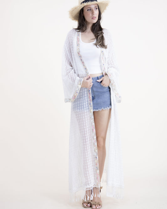 Cotton Blend Vintage Lace Open Embellished Front Maxi Robe